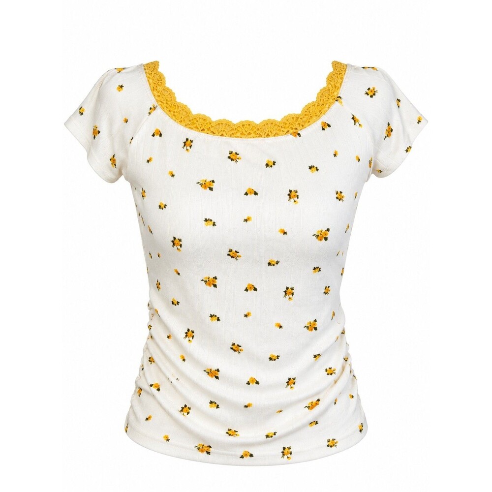 Cottagecore Ditsy Floral Baby Tee Yellow Lace Trim Coquette Romantic Small